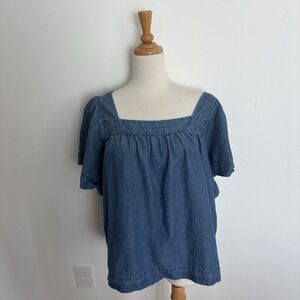 Loft Womens Top Blouse Size Large Petites Blue Chambray Denim Minimalist Casual